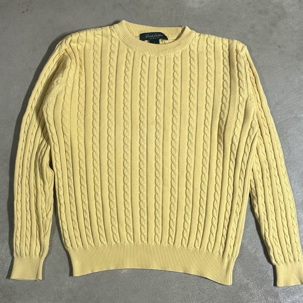 Vtg Brooks Brothers Golf Sweater Mens Small Cable Knit Crewneck Yellow